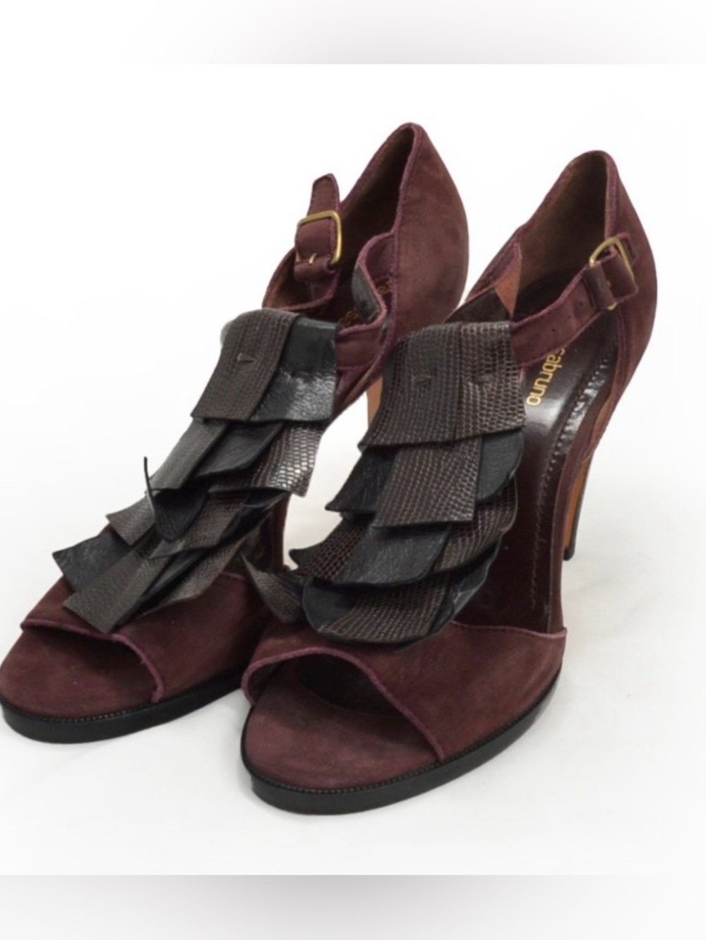 Vanessa Bruno black and burgundy leather and suede fringe detail sling backs
